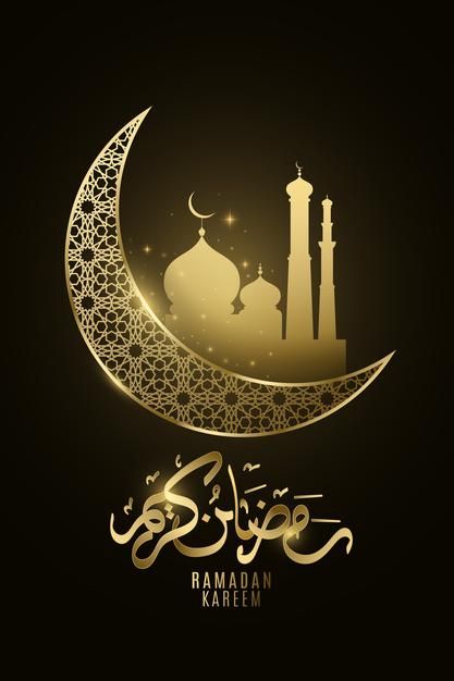 Premium Vector   Ramadan kareem golden moon with mosque glow in the night