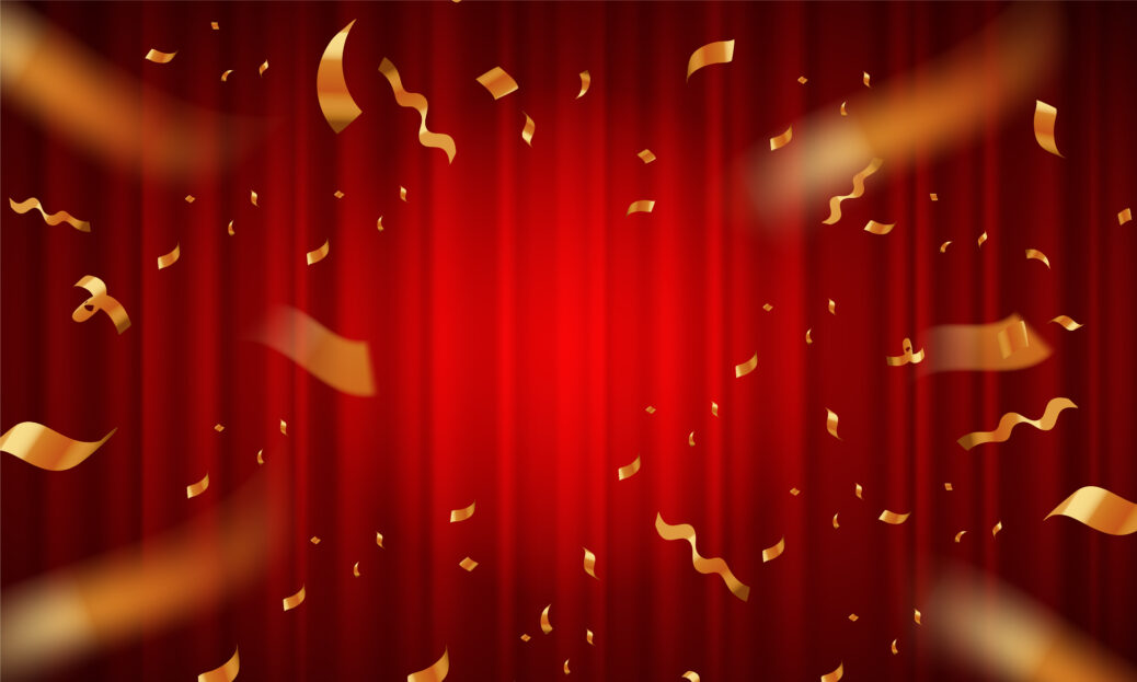 Ribbon cutting ceremony poster with red curtains. Vector illustration
